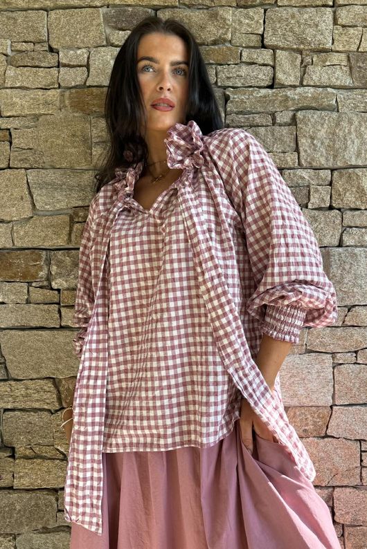 Nonni Gingham Poet Blouse Indian Pink